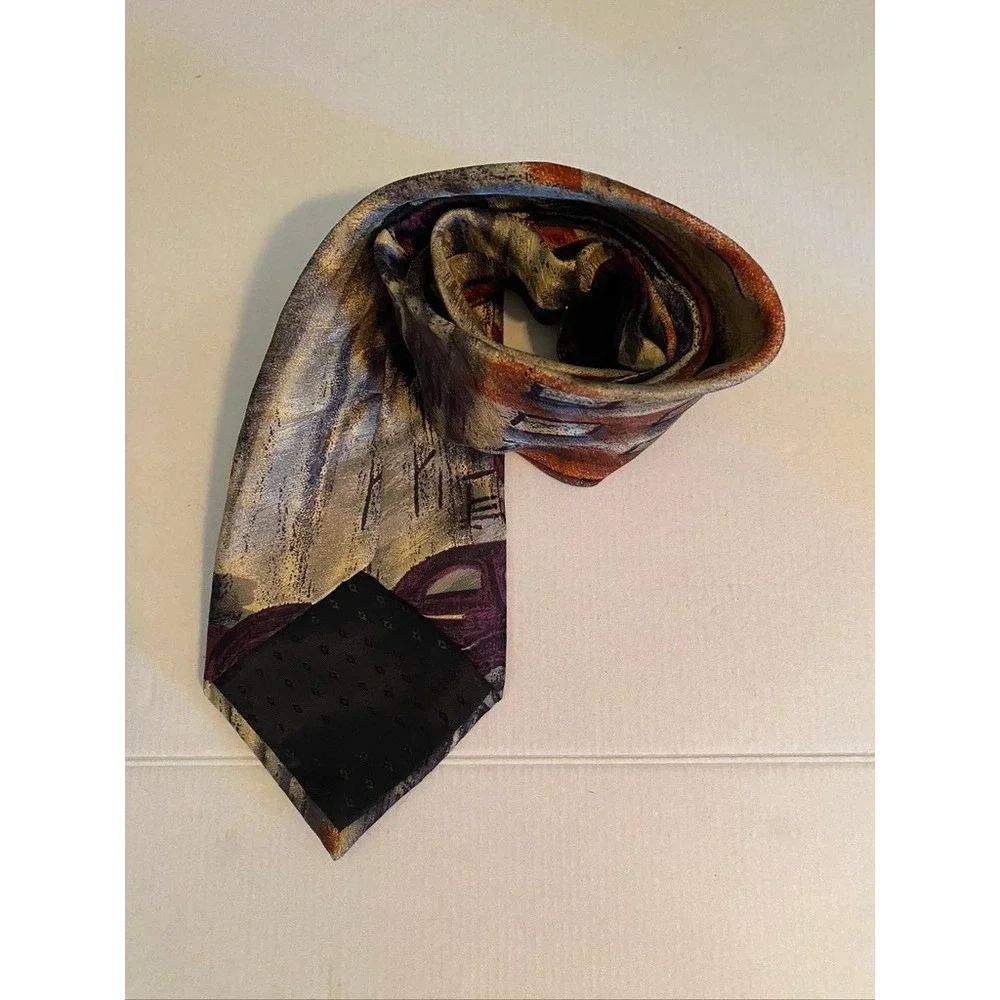 Bugatti Mens Silk Tie Italian Impressionist Street Scene Vintage Car Burgundy 4
